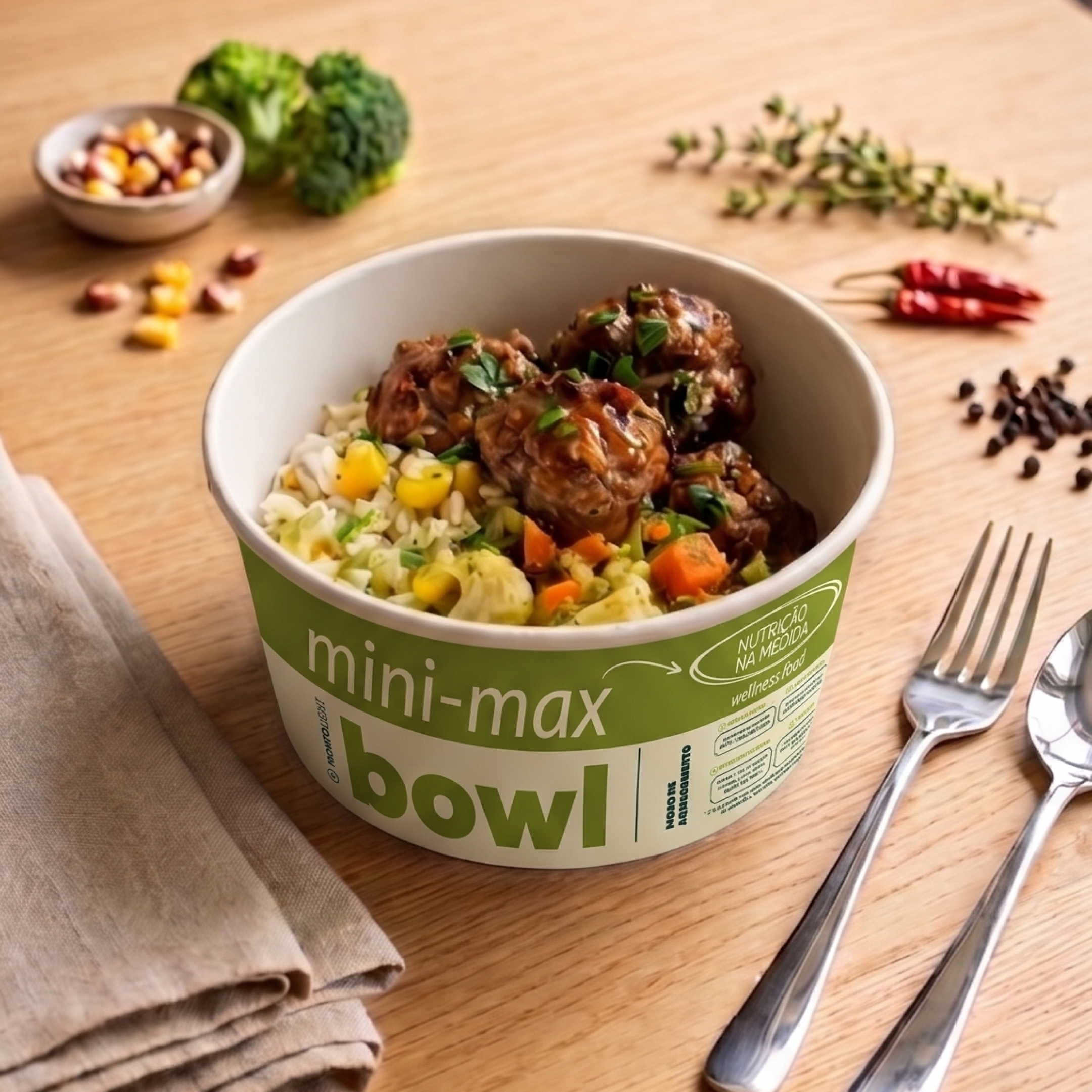 mini max Bowl - Almôndegas Caseiras com Arroz e Legumes