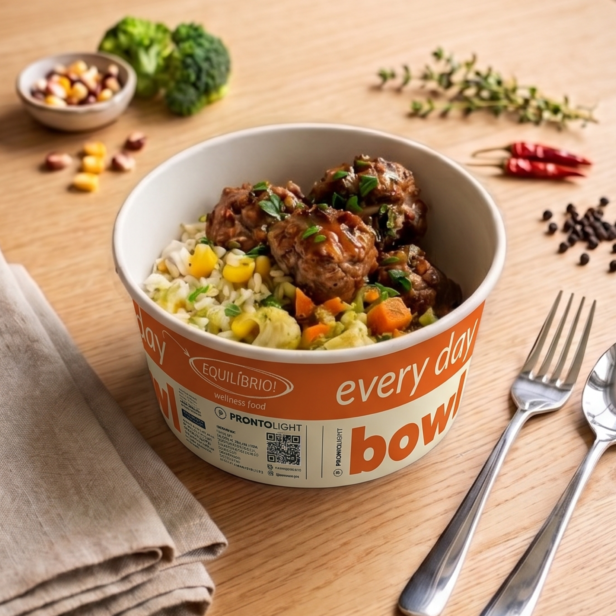 every day Bowl- Almôndegas Caseiras com Arroz e Legumes