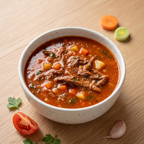 caldo de tomate com carne desfiada