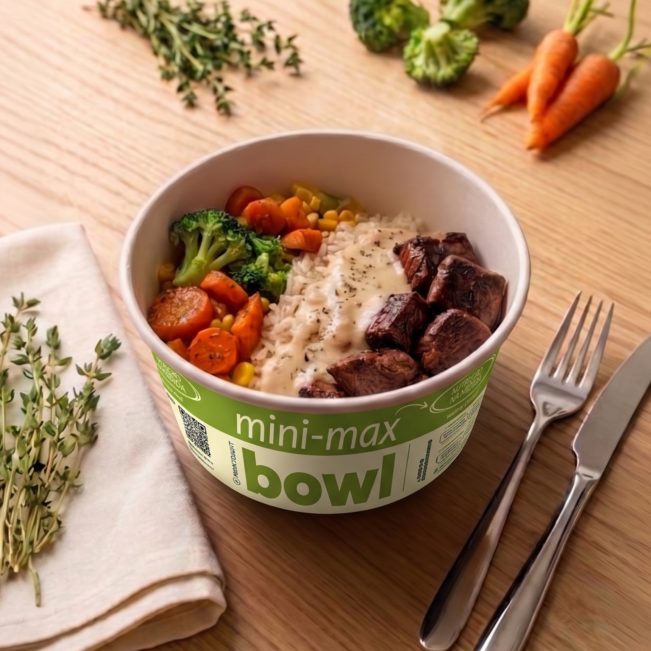 mini max Bowl - Mignon ao Molho Mostarda com Arroz e Legumes