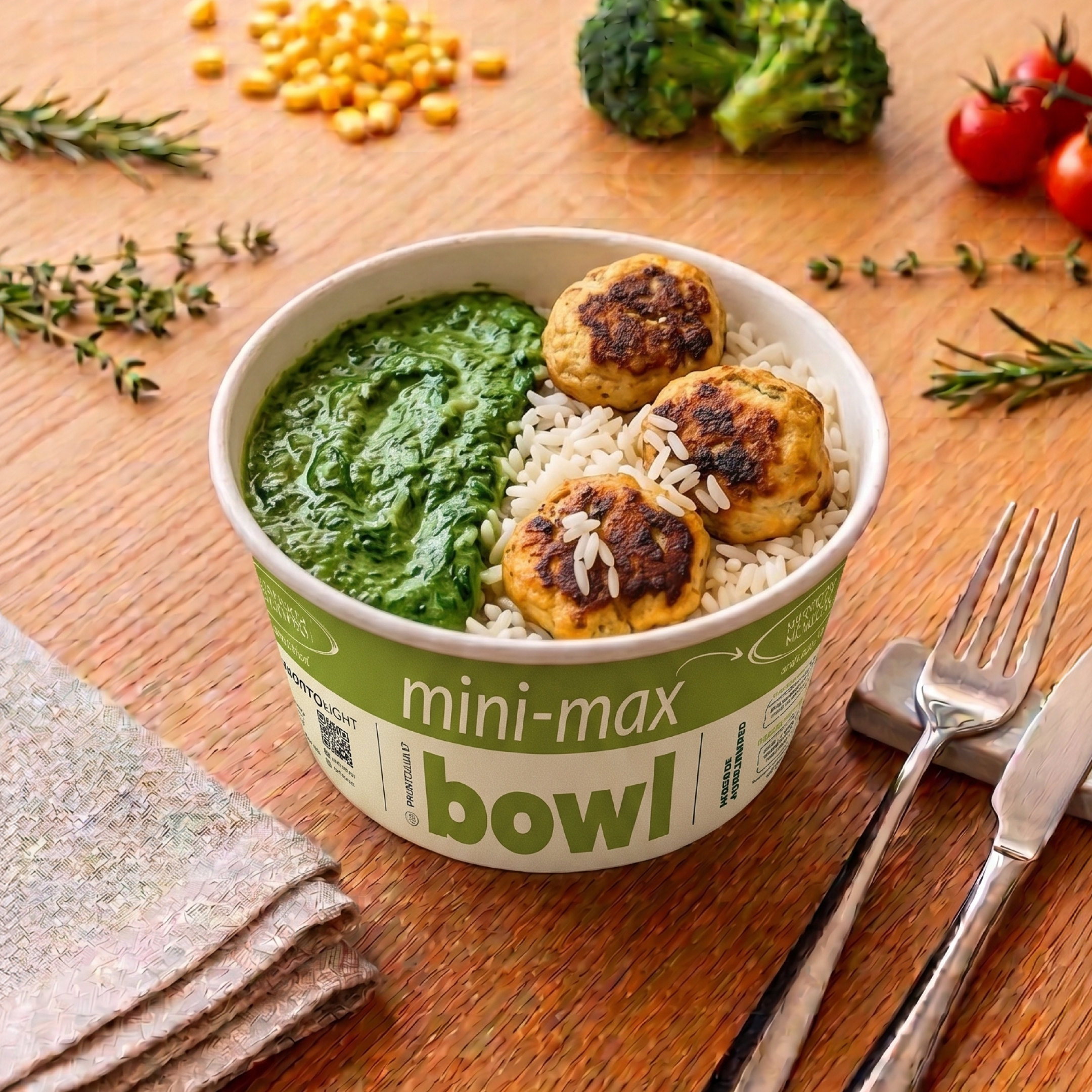 mini max Bowl -  Almôndegas de Frango ao Creme de Espinafre