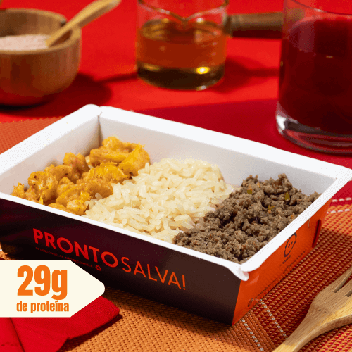 marmita - carne moída + arroz branco + couve-flor assada páprica